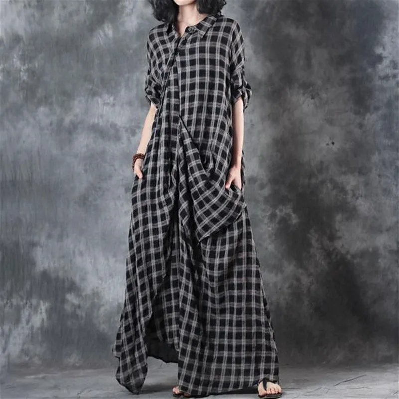 BUYKUD 2018 Summer Retro Lattice Splicing Printed Maxi Irregular Dress Polo Collar Half Sleeve Side Split Loose Buttons Dresses Dresses