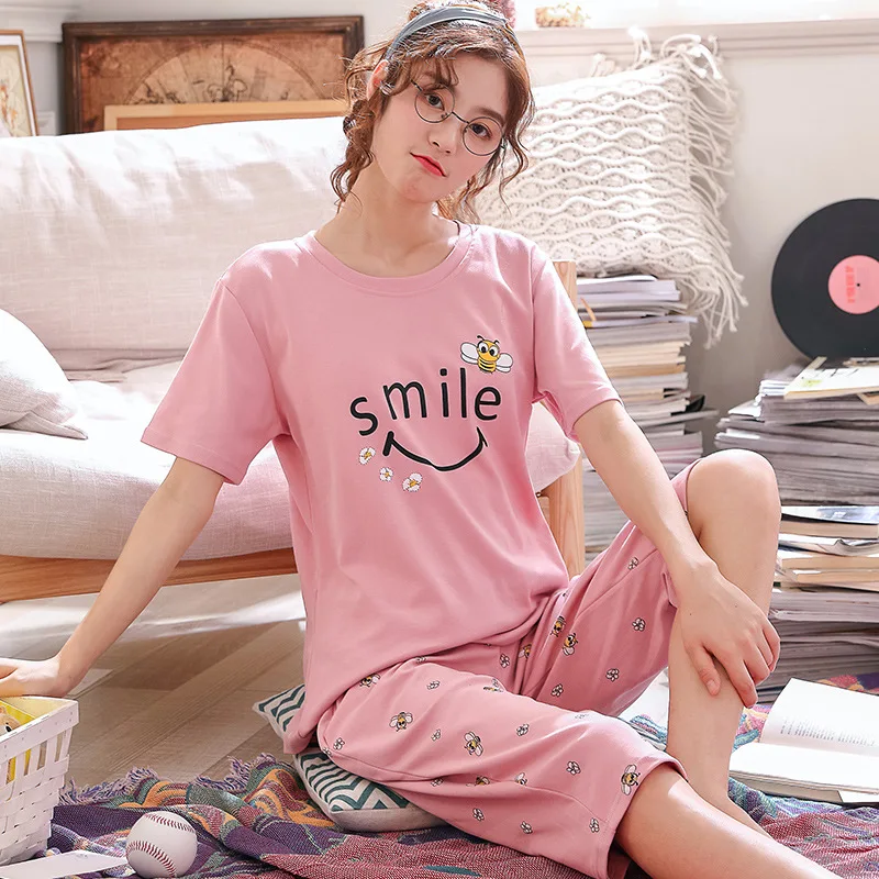 

Korean girl set cartoon pyjamas set casual home clothing pijamas mujer 2019 summer pajamas ladies short-sleeved cropped trousers