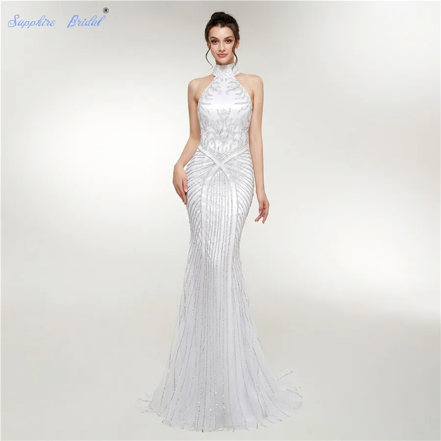 

Sapphire Bridal Sexy High Neck Formal Party Gowns White Top End Beaded Vestido De Festa Mermaid Evening Dress With Back Key Hole