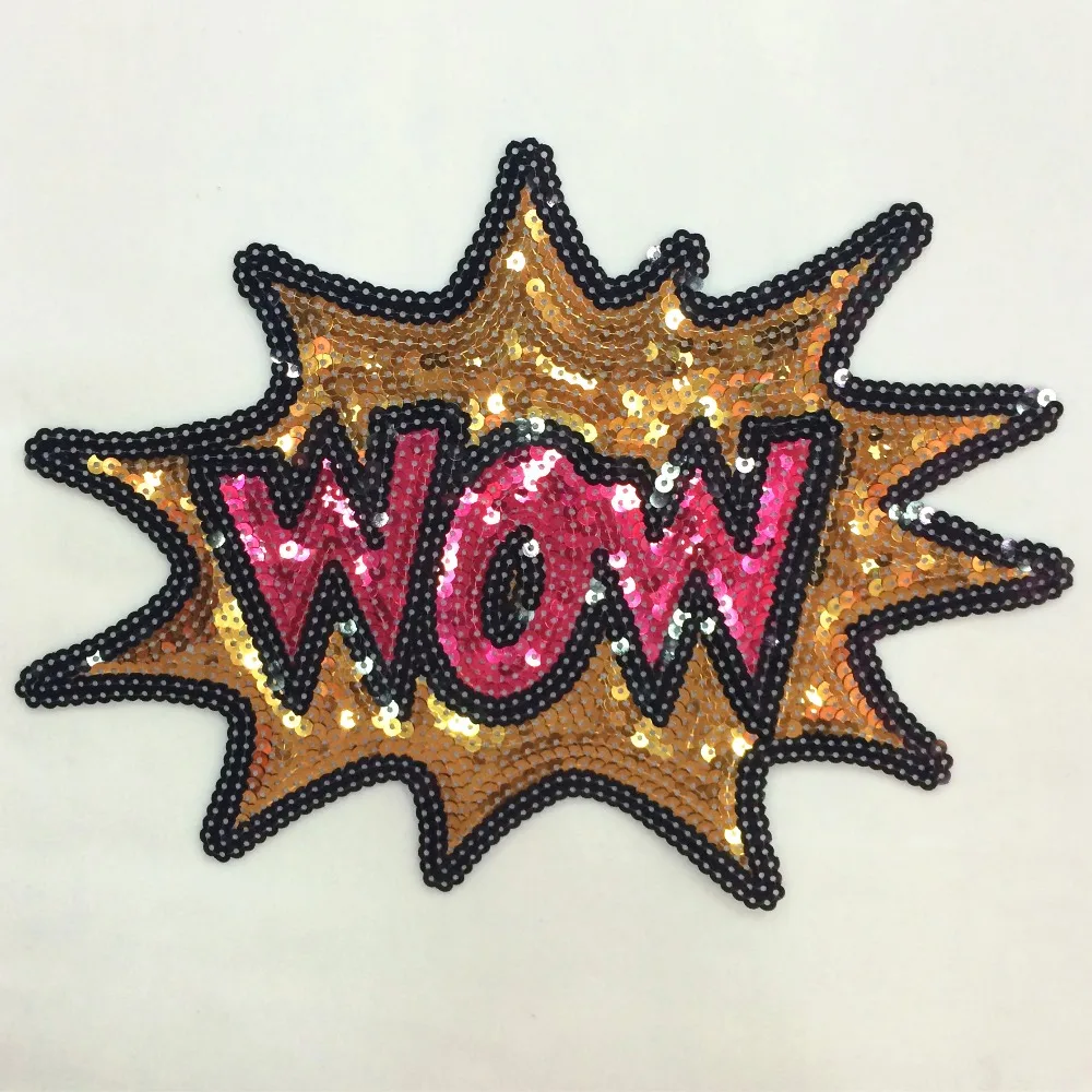 Gold Wow design sequins patch applique Sweater T shirt decorative cloth