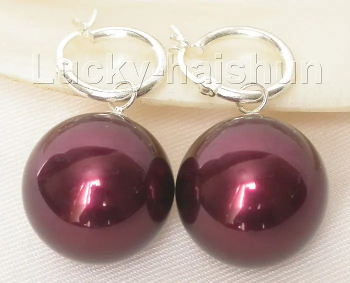 

Free shipping hot sale Women Bridal Wedding Jewelry >>AAA Dangle big 20mm wine red round sea shell pearls earring 925sc