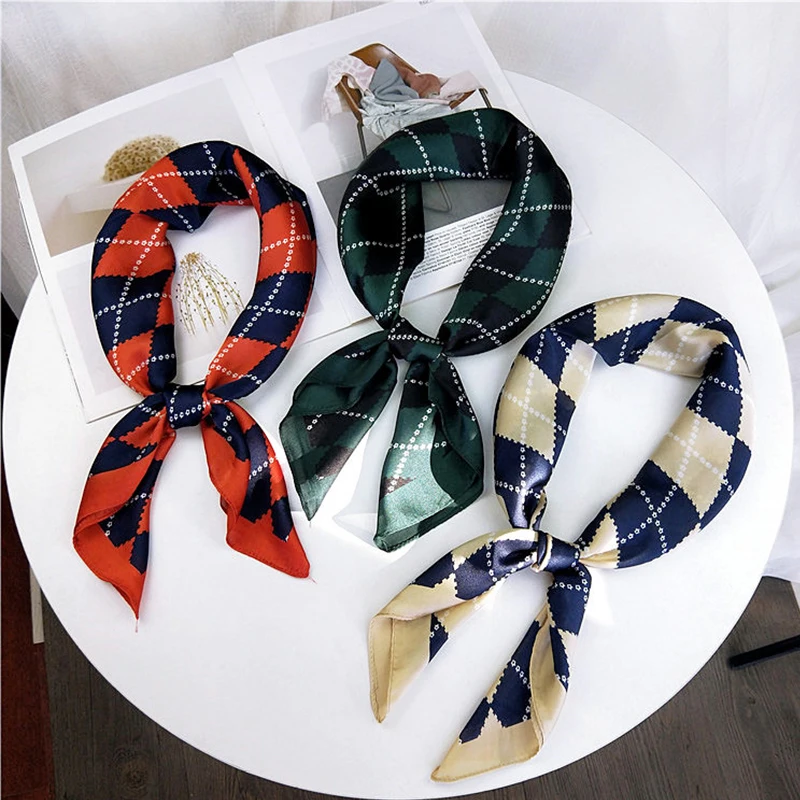 

70x70cm Silk Scarf Women Geometric Prints Multifunctional Square Scarves Foulard Wrap Small Hijab Neckerchief Female Head Neck