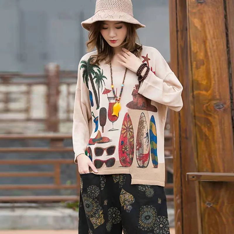 

Harajuku Printed Cartoon Pattern Knitting Pullovers Bottoming Tops Asymmetrical Linen Sweater Women Outerwear Autumn Pull Femme