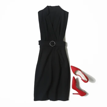 

Veydu 2019 Elegant Summer Autum Women Deep V-neck Sleeveless Belted Front Open Fork Hem Fitted Casual Wear To Work Sheath Dress