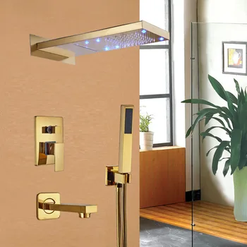 

LED Rainfall and Waterfall Shower Head Shower Faucet Bathroom Tub Mixer Tap with Handshower Gold Finish