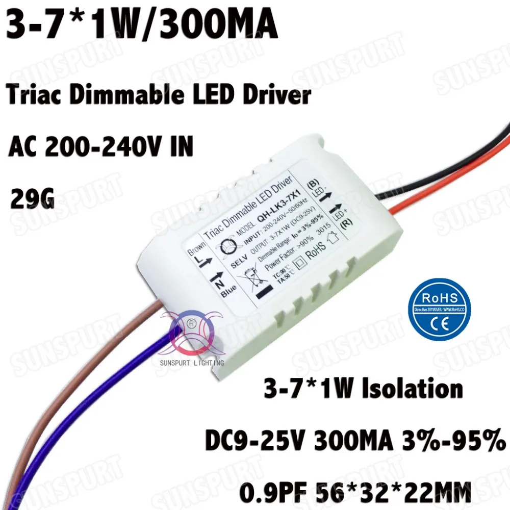 4 шт. изоляции 7 Вт AC200-240V dimmable драйвер 3-7x1W 300mA 3%-95% DC9-25V PF constantcurrent для потолочный светильник бесплатная доставка