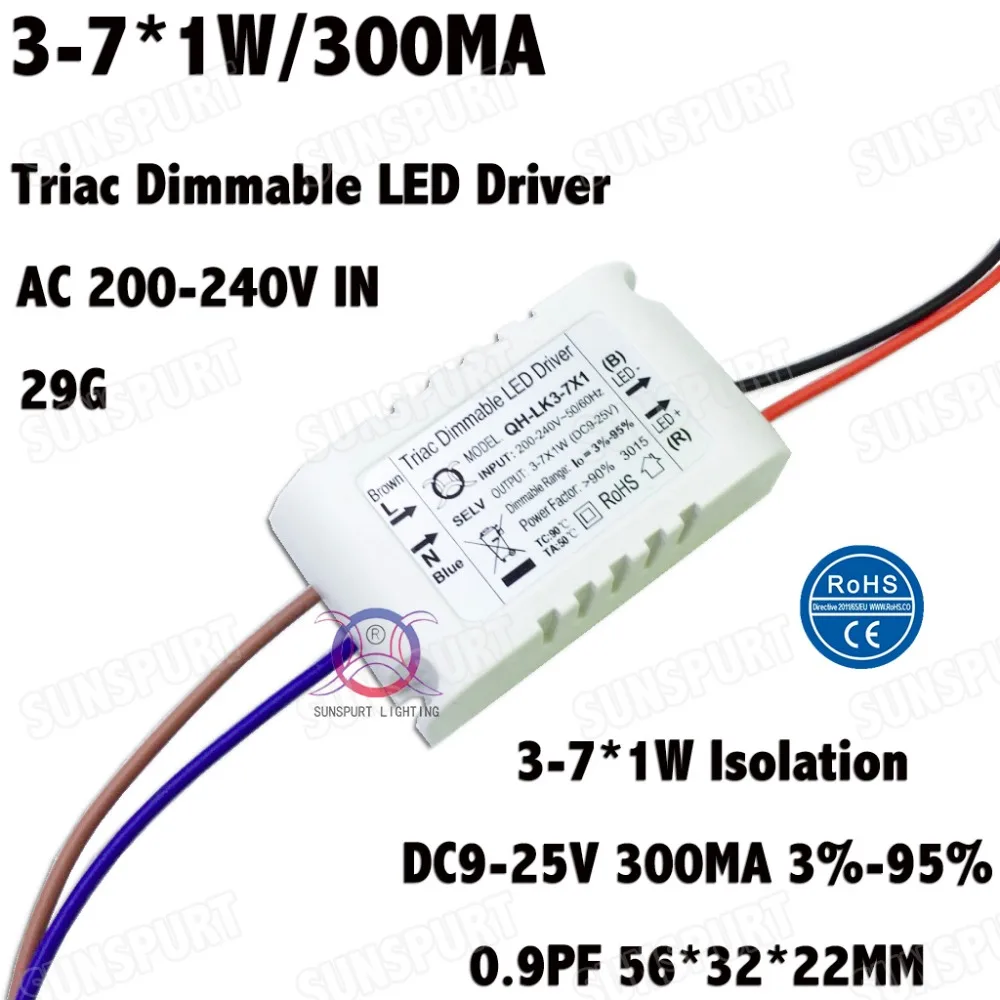 

4 Pcs Isolation 7W AC200-240V Dimmable LED Driver 3-7x1W 300mA 3%-95% DC9-25V PF ConstantCurrent For Ceiling Lamp Free Shipping