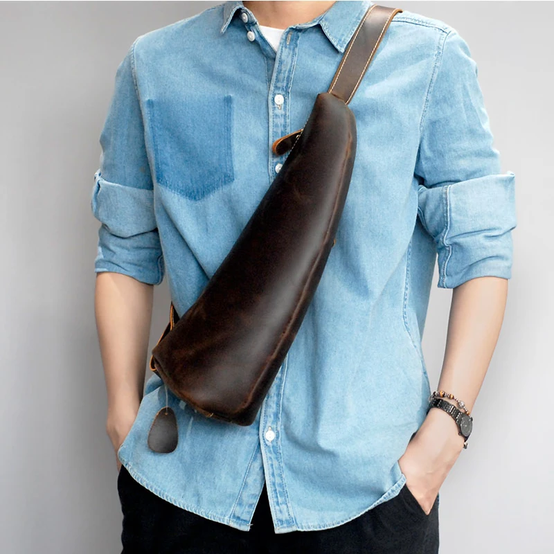 

Men Genuine Leather Handmake Vintage Sling Chest Back Day Pack Travel fashion Cross Body Messenger Shoulder Bag Horn shape bags