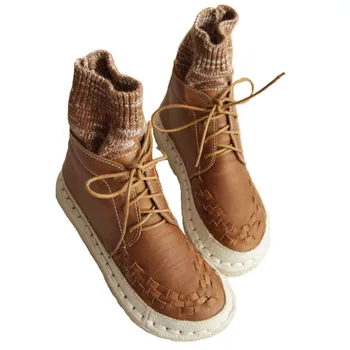 

Genuine Leather Japanese Handmade Weave Flat Martin Boots Nice Girl Retro Literary Wind Wool Socks Tube Booties Women Flat Shoes