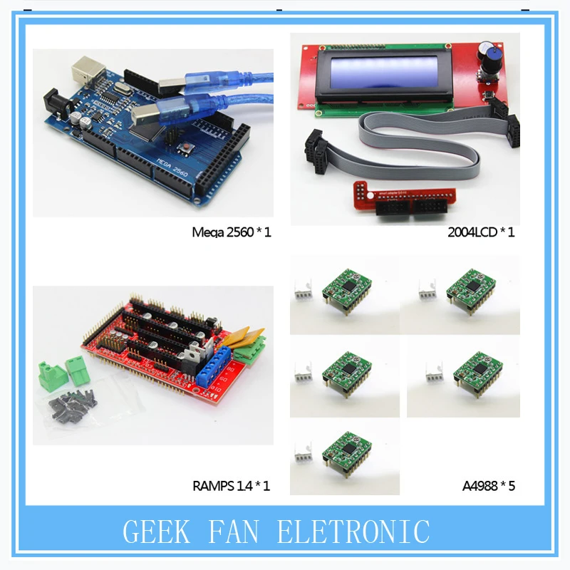 1pcs Mega 2560 R3 + 1pcs RAMPS 1.4 Controller + 5pcs A4988 Stepper Driver Module +1pcs 2004 controller for 3D Printer kit