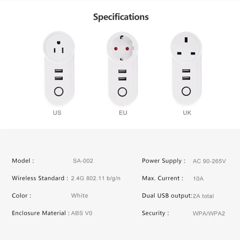 Wi-Fi умная розетка ЕС Великобритания США штекер 10A 2 USB умная розетка дистанционное управление Умный выбор времени переключатель