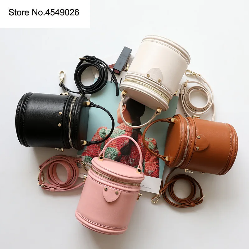 

Small Buckets Round Bags Real Leather Women Bag Cowhide Designer Bag Women Handbags High Quality Genuine Leather Shoulder Bags