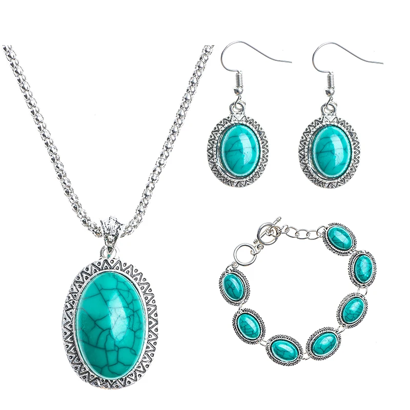 

H:HYDE Vintage Look Antique Green Color Natural Stone Necklace Bracelet Earrings Jewelry Sets