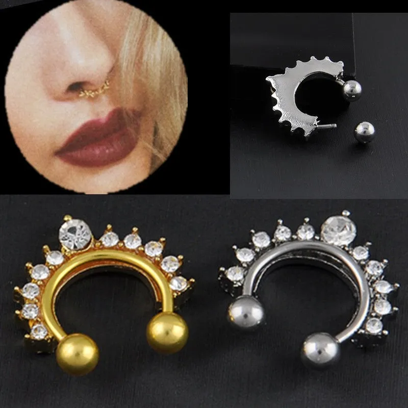 Longita Fake Septum Faux Nose Rings Hoop Face Septum Ring Non Piercing Horseshoe Jewelry Stainless Steel C Shape Moon Clip On Thin Lip Ring Ear Cuff Earrings for Women Men