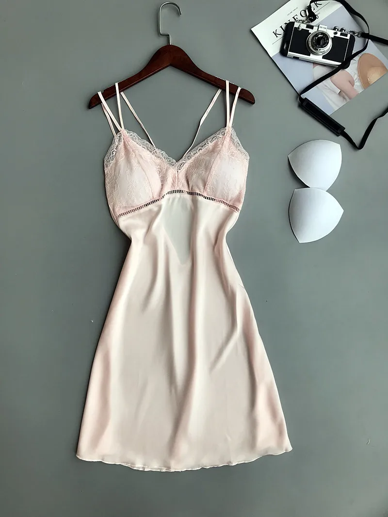Night Woman Nightgown Night Dress Sleepwear Silk Satin Nightie Summer Night Gown Lingerie Femme Sleeveless V-neck Nightwear   9