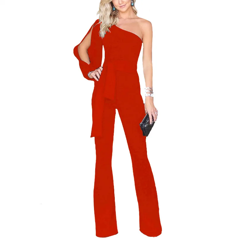 

2019 Spring Autumn Women One Shoulder Asymmetry Jumpsuits Temperament Office Lady Workwear Formal Evening Party Flares Pants
