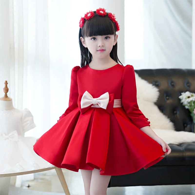 

Luxury Satin Flower Girl Dress Red Solid Princess Tutu Party Wedding Dresses for Girls Ball Gown Kids Pageant Dress With Bow D50