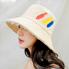 SUOGRY Cotton Summer Panama Bucket Hat Men Women Fashion Packable Wide Brim Sun Hat Unisex Paint Flat Top Fishing Fisherman Cap