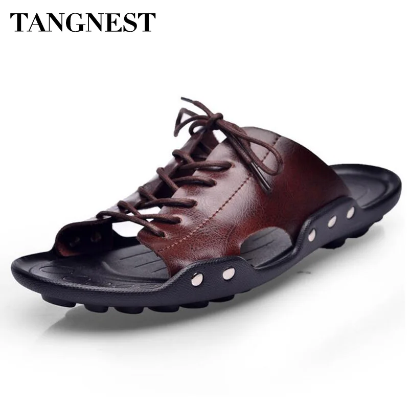 preço Tangnest Novo 2018 Homens Rendas ATÉ Sandálias Chinelos De Couro PU Homens Casuais Dedo Aberto Praia Sapatos Sandálias Cut out tamanho 38 ~ 44 XMT183