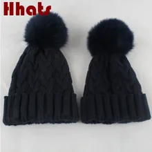 Натурального меха лисы вязаная шапка с помпоном для Для женщин девушка сплошной Семья Размеры реальный меховой помпон зимняя шапка Кепки модные теплые Skullies шапочка