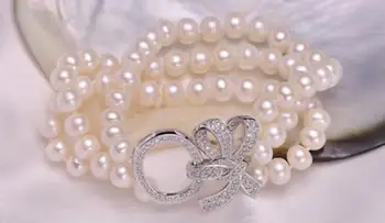 

three strands 9-10mm natural round white pearl bracelet 8"