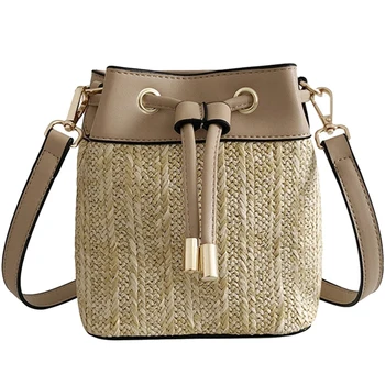 

TFTP-Woven Straw Bag Rattan Bag For Women Small Bucket Bag Crossbody Shoulder Bags Pu Drawstring Messenger(Khaki)