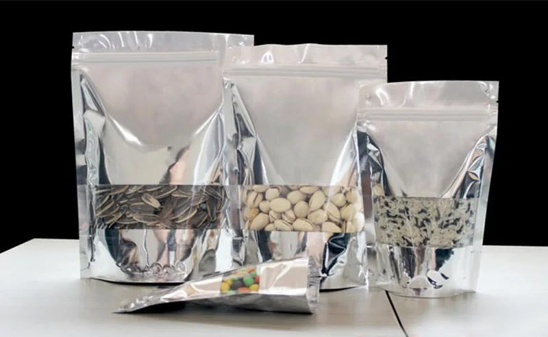 100 Pack, Silver Clear Stand Up Aluminum Foil Zip Lock Bags Resealable Heat Seal Plastic Window Bag, Food Storage Packing Pouch