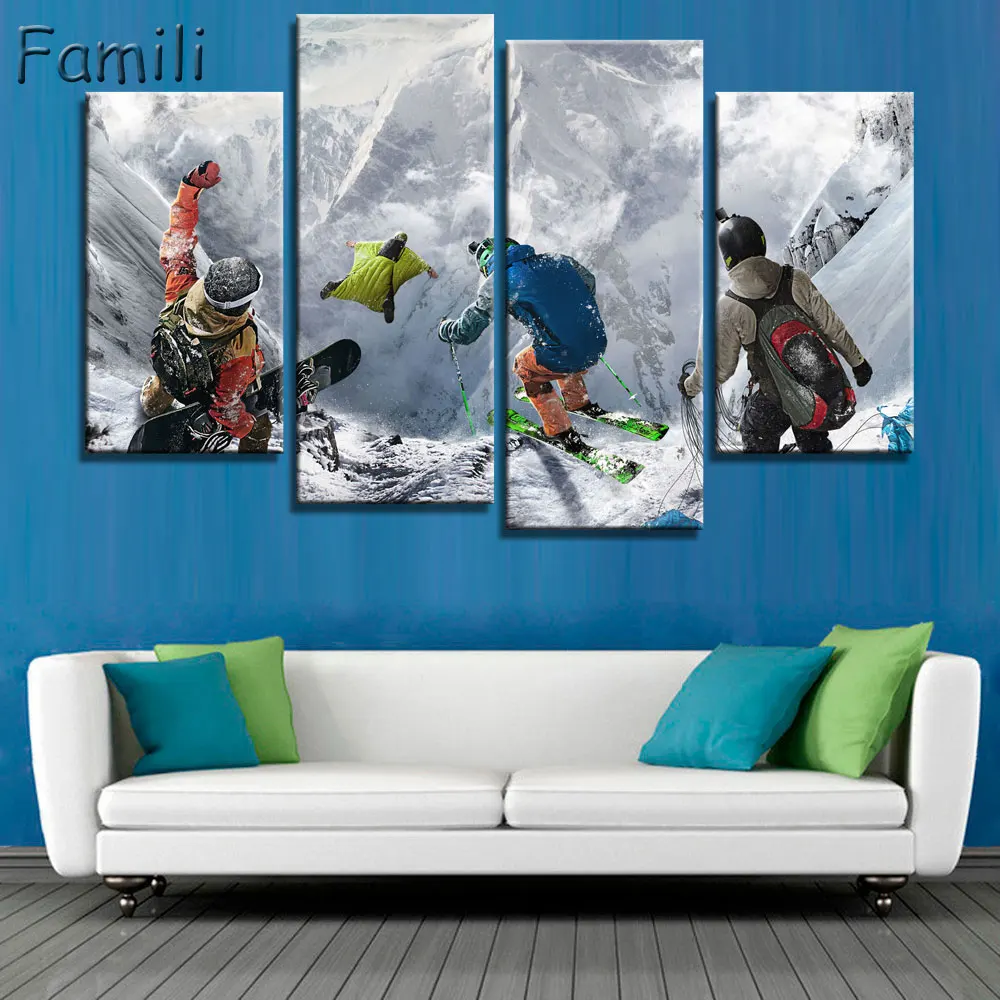 Hd مطبوعة 4 قطعة قماش الفن غرفة المعيشة جدار اللوحة الجليد الجليد التزلج الجبلية الحديثة الشحن المجاني