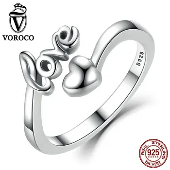 

VOROCO Real 100% 925 Sterling Silver Love and Heart Minimalist Simple Open Adjustable Ring Women & Lady Fine Jewelry SCR024