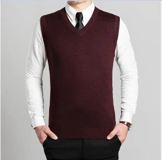 Высокое качество осень-зима без рукавов с v-образным вырезом Классический сплошной Цвет жилет Для мужчин шерстяной свитер - Цвет: Wine red