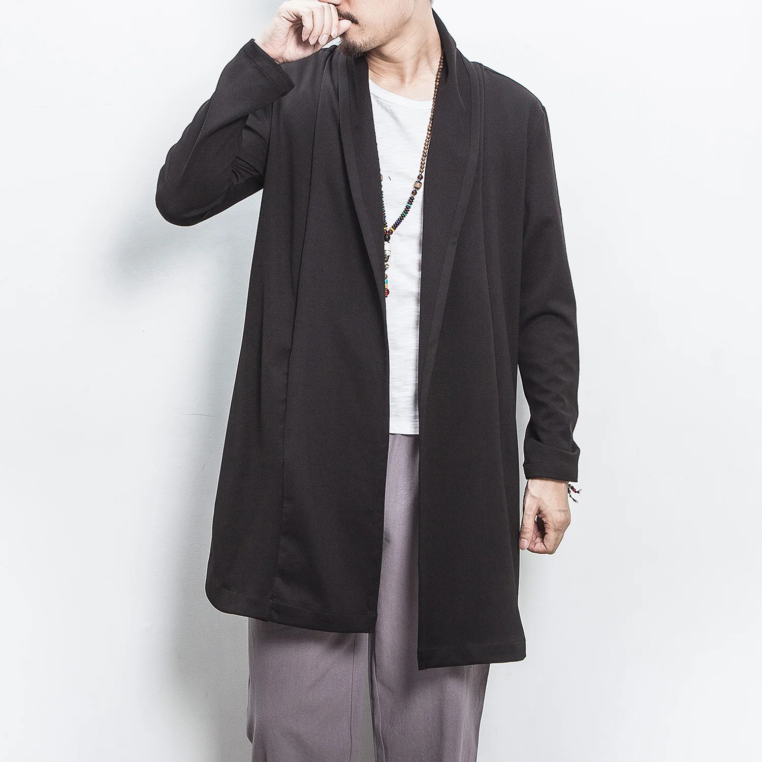 dark Solide Veste Longue Lâche Longues Vintage Cardigan D'automne M 5xl Noir Chinois Taille De Grande Mâle Couleur Gris À Style Manches Hommes Black Gray 8nN0wOPkXZ