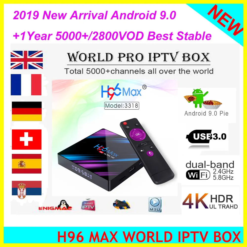 Новое поступление H96 MAX Plus Android 9,0 Смарт ТВ приставка RK3318 медиаплеер с клавиатурой Air mouse из испанской России