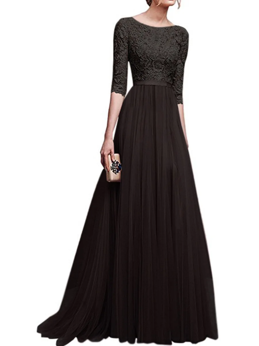 Robe de Soiree, сексуальное кружевное длинное вечернее платье, шифоновое вечернее платье с вышивкой, рукав до локтя, официальное платье для выпускного вечера, Abendkleid T014 - Цвет: Black