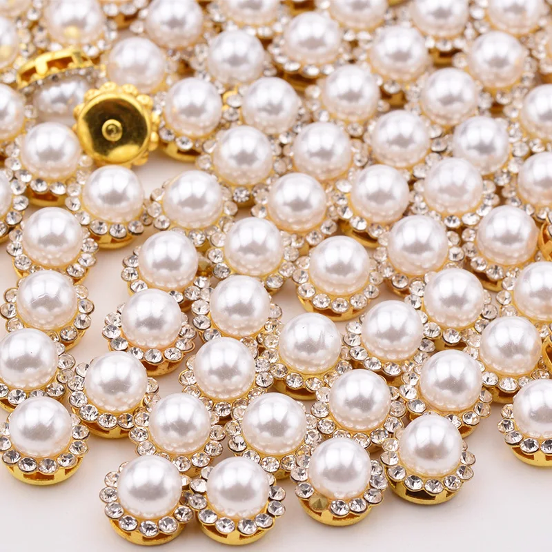  JUNAO 8 10 12 mm Sewing White Pearl Rhinestone Gold Applique Round Flower Crystal Stone Sew On Diam - 33013710034