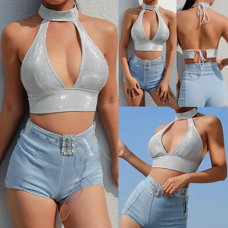 Hirigin пикантные Для женщин Дамы Холтер блестящие серебряные Crop Top V шеи бретели