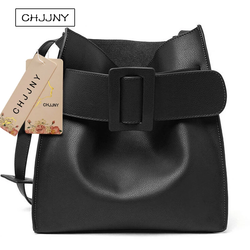 

CHJJNY korean 2017 fashion simple style genuine leather women handle bags with big buckle