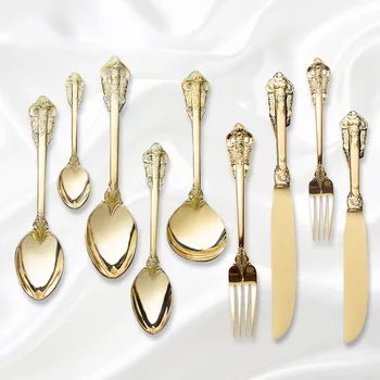 

Retro Vintage Embossed Carve Gold Tableware Set 304 Stainless Steel Silver Gold Knife Forks Western Food Dinner Cutleries 4pcs