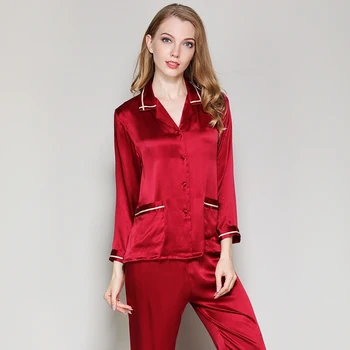 

Womens 100%Silk Stain Pajamas Sets 2019Spring Women Pajama Sets Long Sleeve Sleepwear Set Two-pieces Big Red Breathable Pyjamas