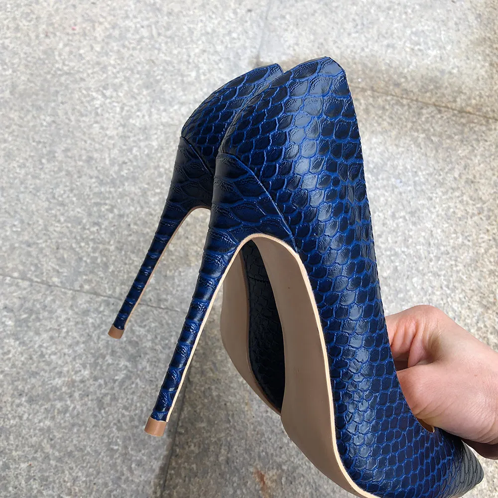 Veowalk Sexy Women Snake Skin Embossed High Heel Shoes Italian Style Navy Blue Fashion Ladies Extremely High Stilettos Pumps