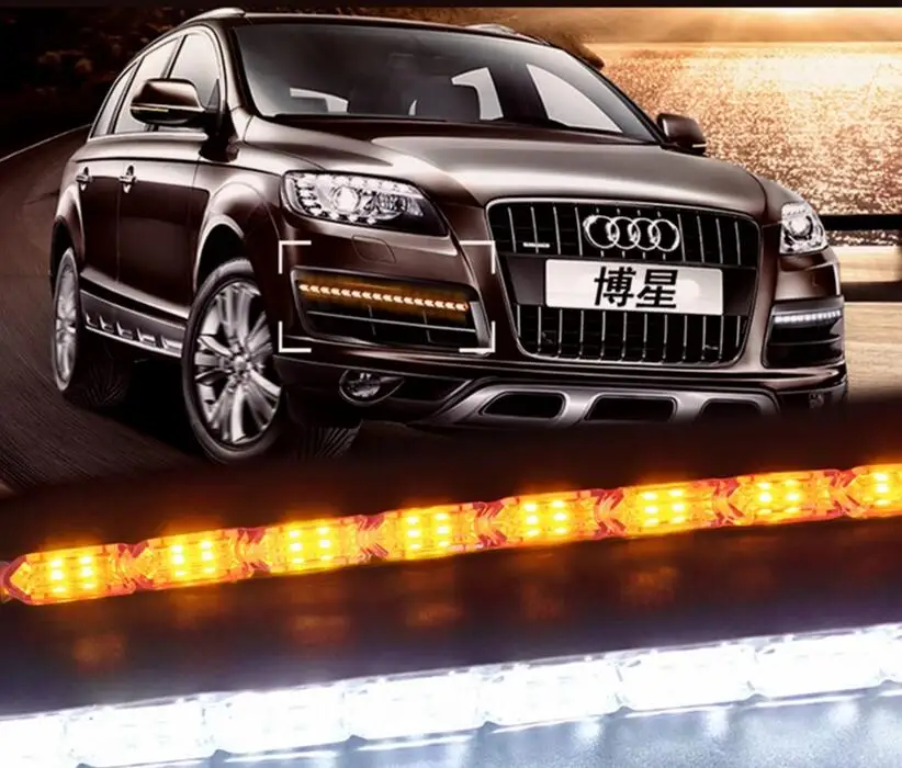 Cena RQXR montaż reflektorów f led DRL białe światło do jazdy dziennej + żółte ruchome światło kierunkowskaz dla audi Q7, najwyższa jakość, 2 szt.