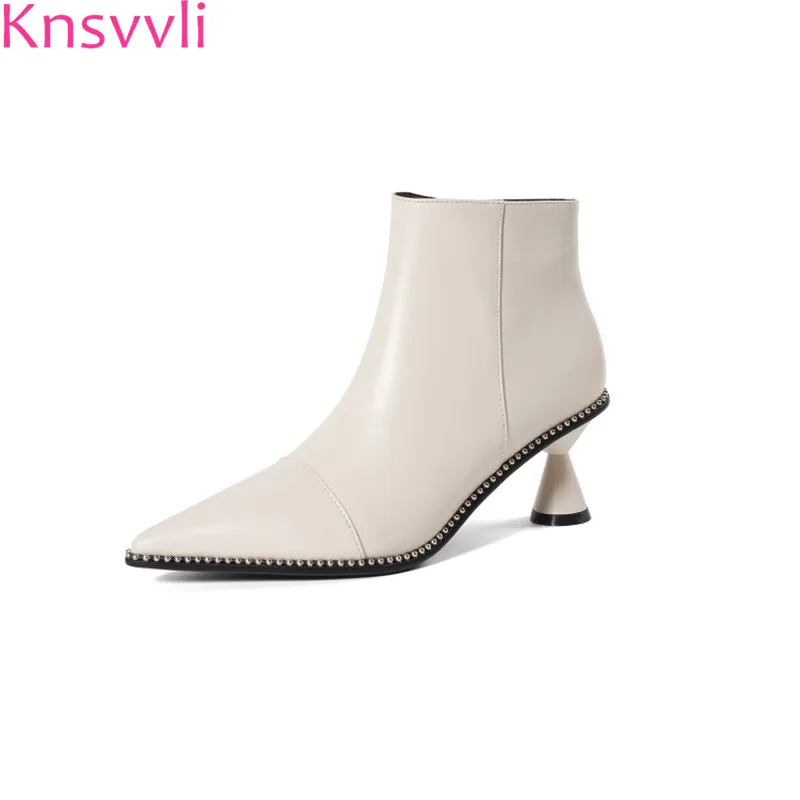 

Knsvvli pointy toe cowhide fashion studded ankle boots women 2018 new style beige women boots sexy strange style heel short boot