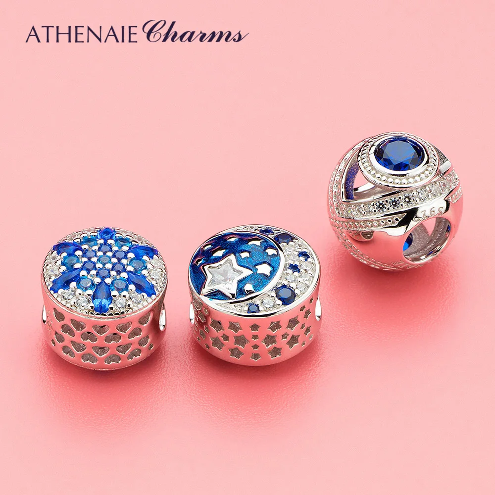 ATHENAIE 925 пробы серебряные синие кристаллы и прозрачный CZ кристаллизованный Снежинка Шарм Подходит Для Всех европейских браслетов ожерелье