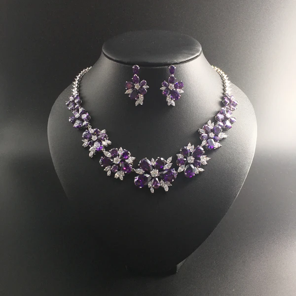 

2019 NEW Luxury fashion popular purple zircon flower necklace earrings sets bride wedding formal dress banquet model jewelry