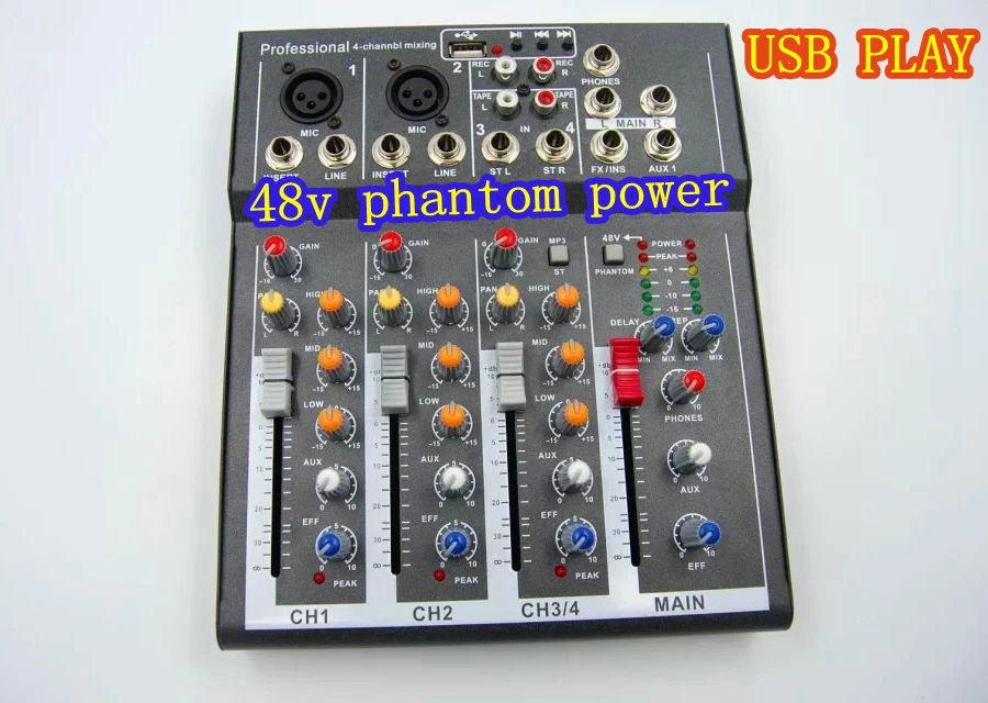 

Free shipping 4 Channel Y.M.H F4 Mixer For Stage Home karaoke mixer DJ 48V Phantom power USB echo voic effect audio mixer