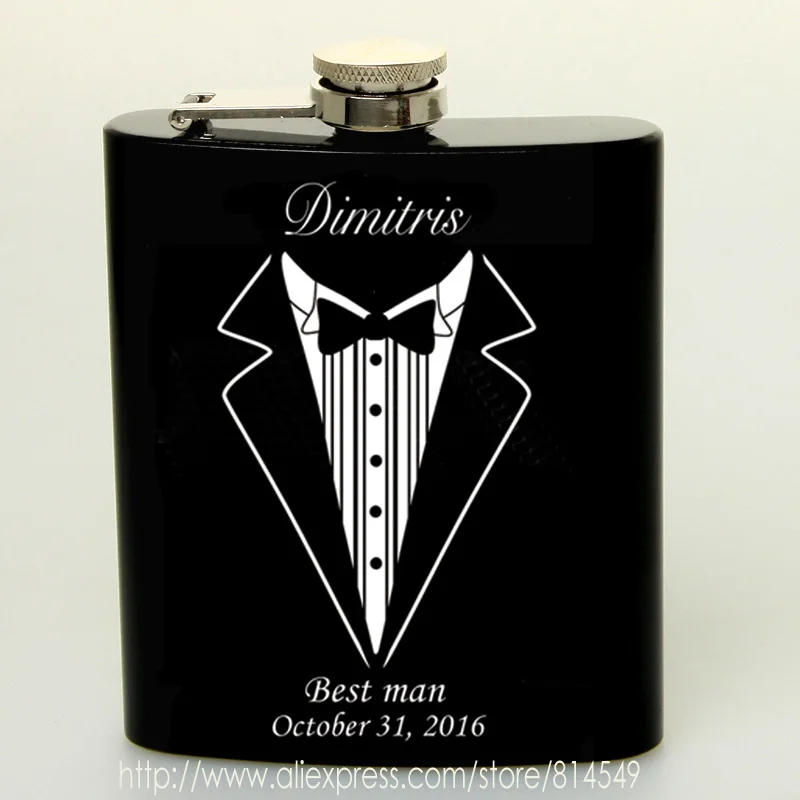 Free   Personalized Engraved 6 oz Stainless Steel Black Hip Flask ,Groomsman or Best man gift , Birthday gift ,PASSED FDA TEST 