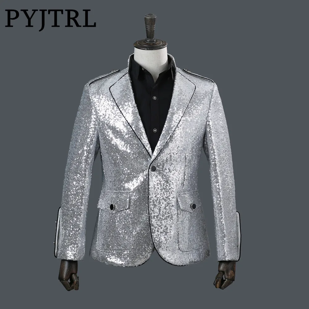 PYJTRL Brand Men Fashion Stand Collar Silver Sequins Suit Jacket DJ ...