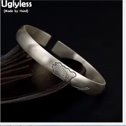 Uglyless 100% настоящий твердый 999 Полный Серебряный листок гинкго незамкнутные браслеты для женщин этнический широкий браслет тайский