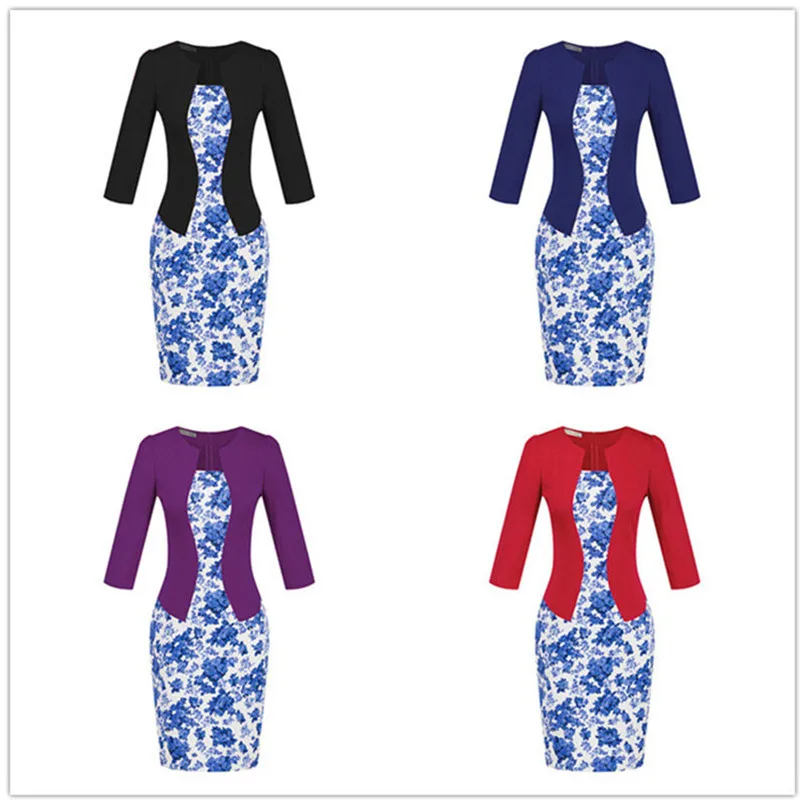Plus Size XXXL Pencil Work Dresses Present With Belt One Piece Dress Patchwork Fake 2 Pcs Business Formal Office Bodycon Dress (8)