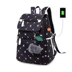 Женский модный школьный рюкзак usb школьные сумки для девочек черный рюкзак плюшевый шар для девочки Школьный рюкзак бабочка украшения