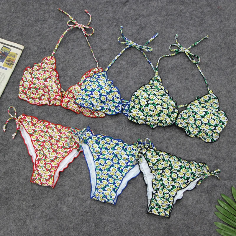 

Floral Print Bandage Solid Swimsuit for Women Suit Bath Halter Push up Bikini Set Two Piece Bandage Swimwear Brazillian Biquini
